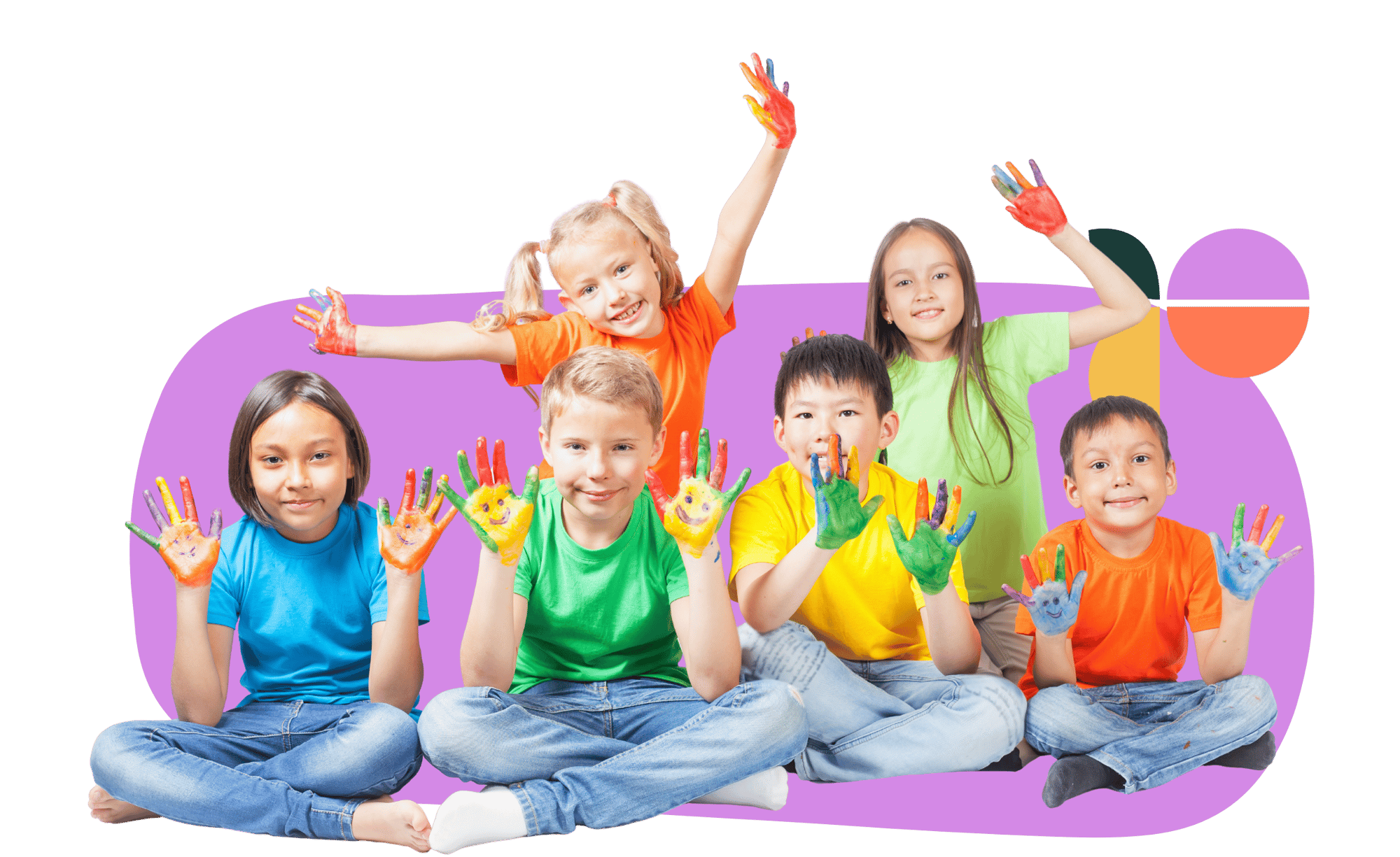 A group of six smiling children wearing colorful shirts, showing their painted hands, sitting together on a playful purple background — symbolising creativity, growth, and child-friendly behavioural therapy.