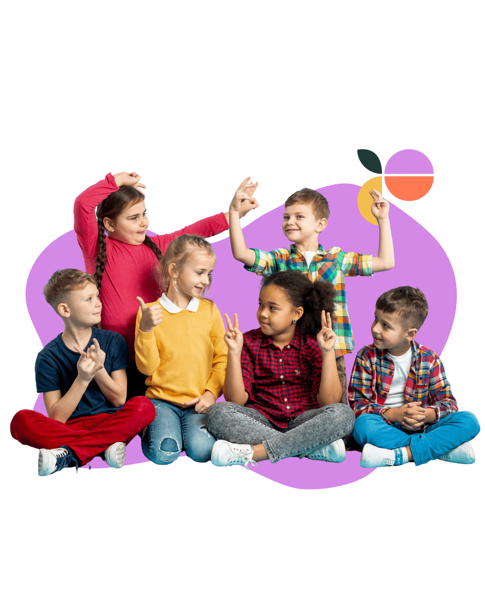 A group of six diverse children sitting together against a playful purple background, smiling and making hand gestures — representing fun, social interaction, and child-focused behavioural therapy support.