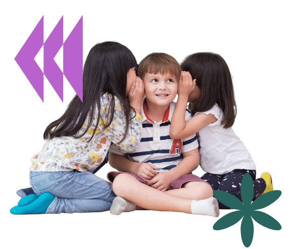 three children leaning toward each other, whispering softly with mischievous smiles