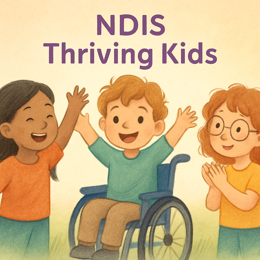 Create 3 separate photos of childrens illustrations in a 12 aspect ratio related to the topic NDIS thriving Kids Use soft natural colours gentle gradi-1