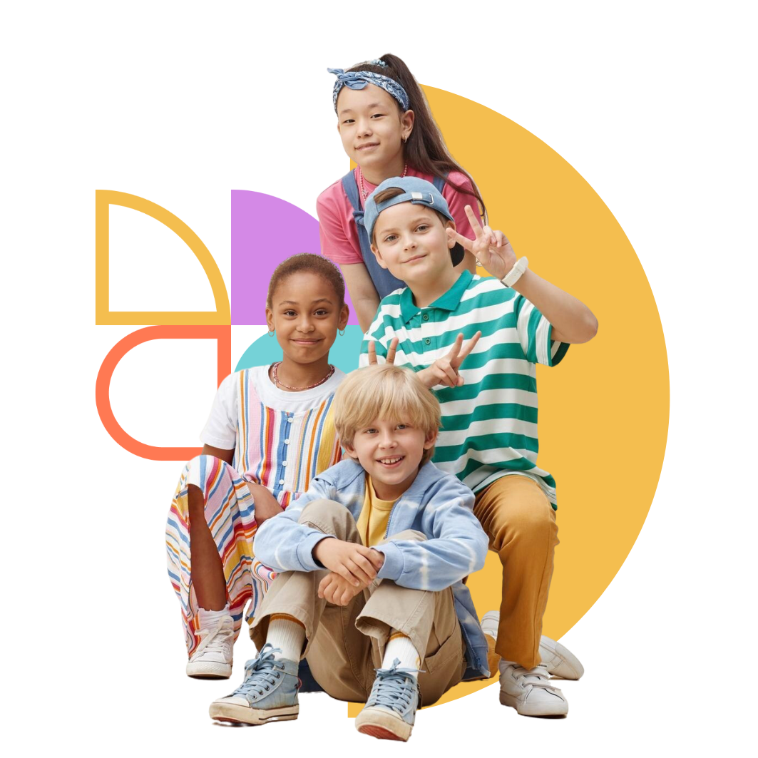 Four happy children sitting together in front of colourful geometric shapes, representing inclusion, growth, and positive outcomes from daar’s NDIS early childhood intervention services.