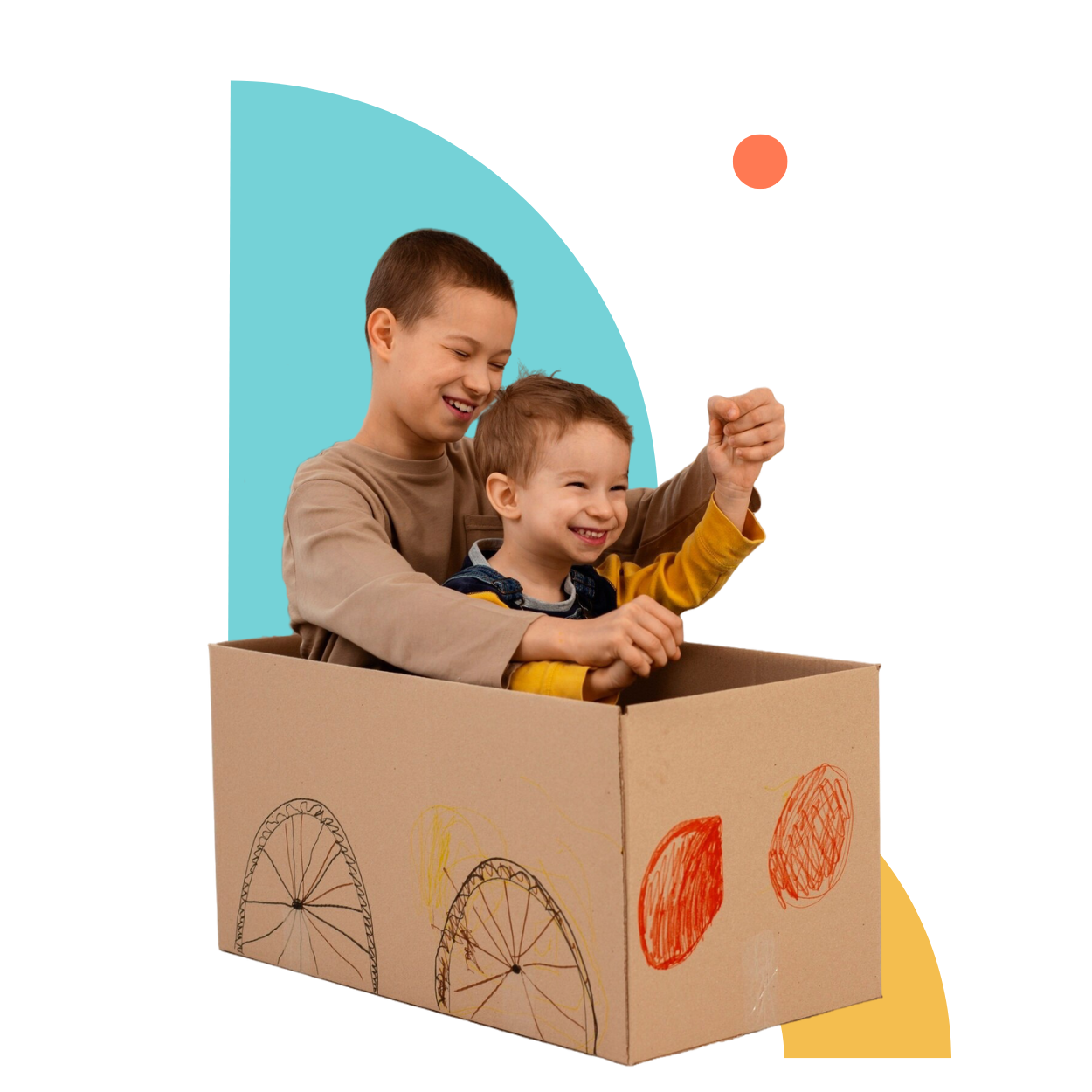 Two brothers playing joyfully in a cardboard car during a behavioural therapy session, supporting creativity and social connection for children with autism