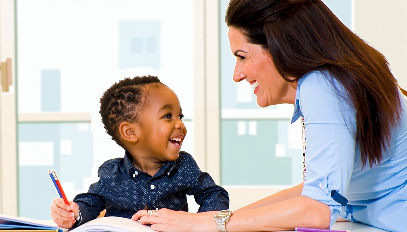 A happy child engaging with a speech therapist dur
