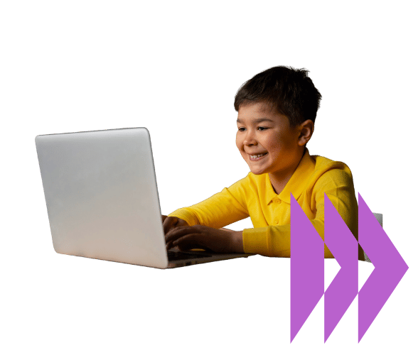 Smiling child leaning forward in front of a laptop, engaging in an online therapy activity with a therapist.