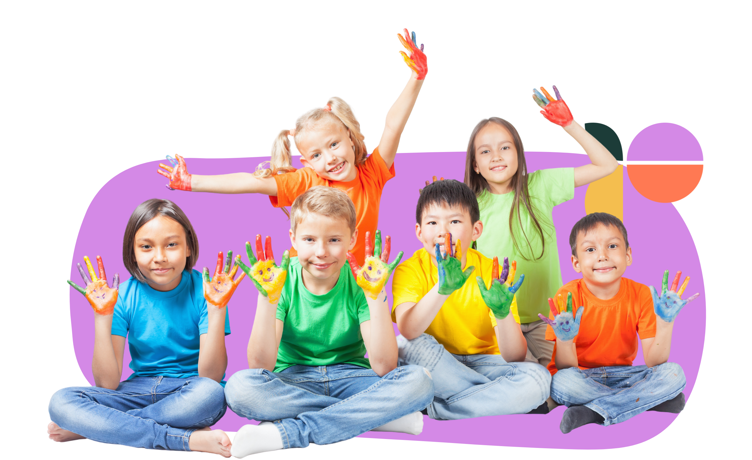 A group of six smiling children wearing colorful shirts, showing their painted hands, sitting together on a playful purple background — symbolising creativity, growth, and child-friendly behavioural therapy.
