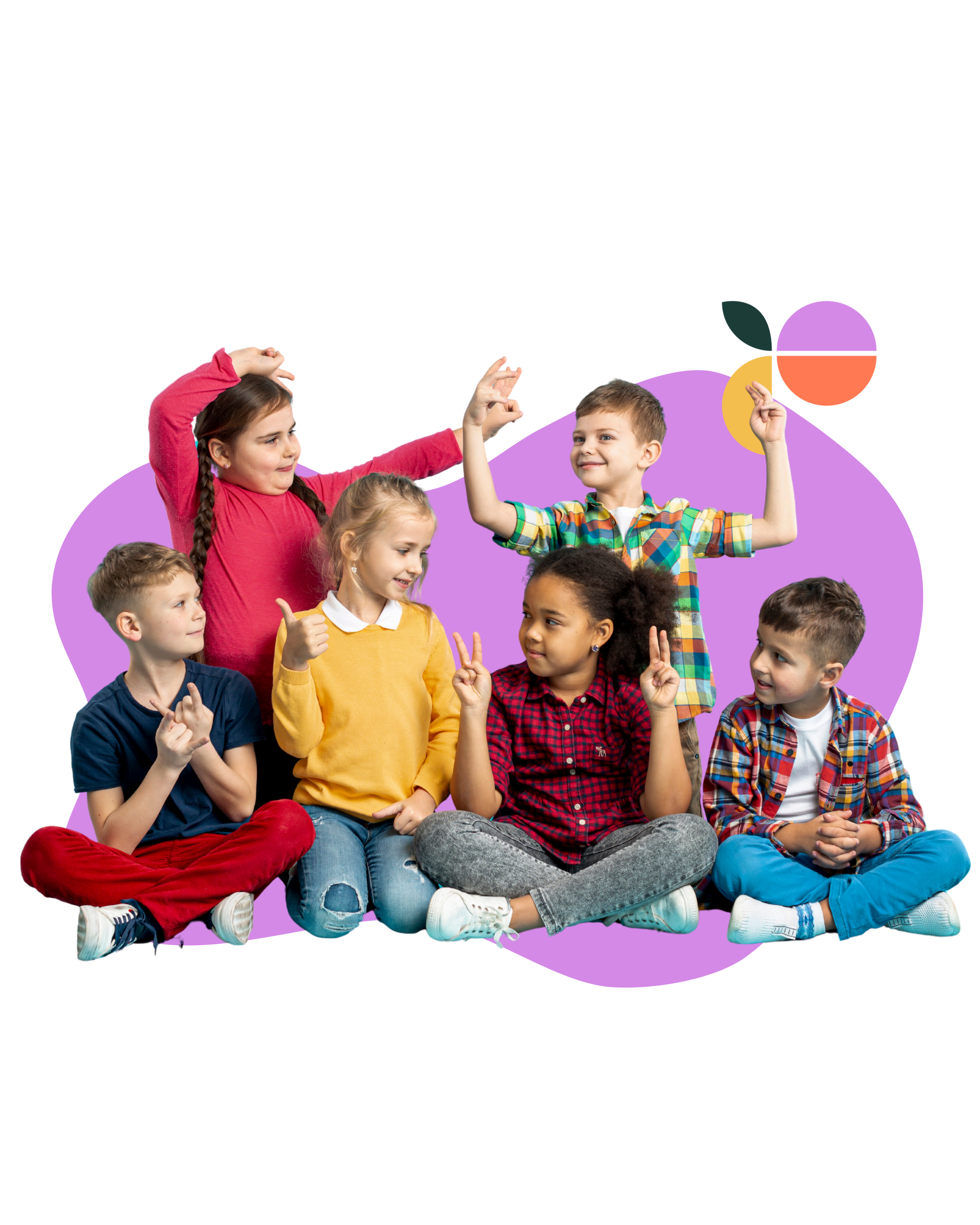 A group of six diverse children sitting together against a playful purple background, smiling and making hand gestures — representing fun, social interaction, and child-focused behavioural therapy support.