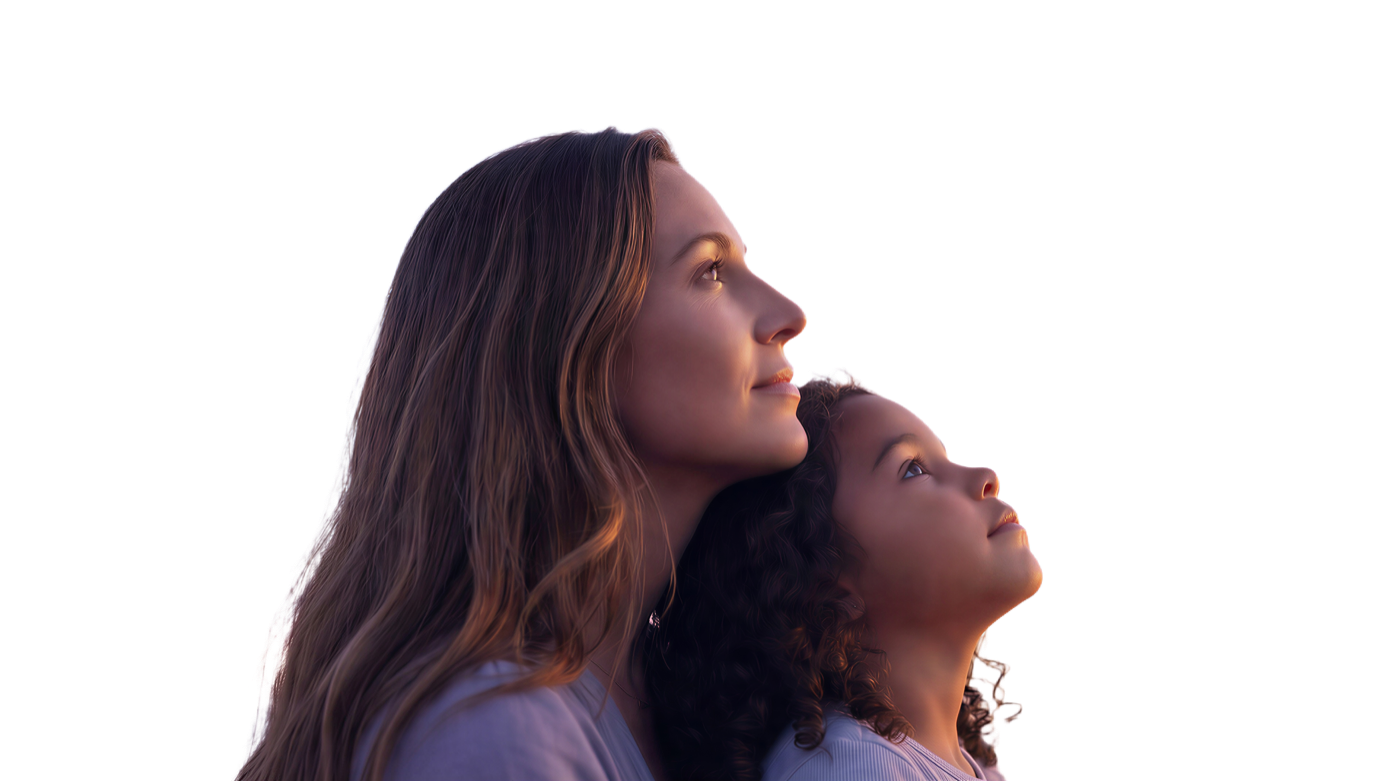 Mother and child looking up